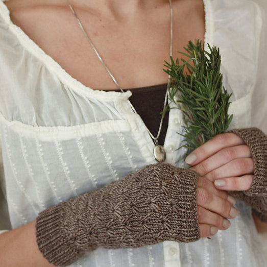 A close up of a woman's hands, wearing knitted fingerless mitts and holding an a spring of rosemary.