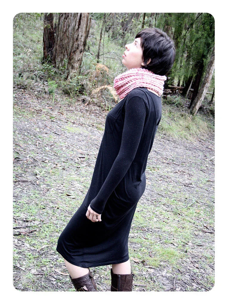Rebecca Robinson wearing a knitted cowl outdoors