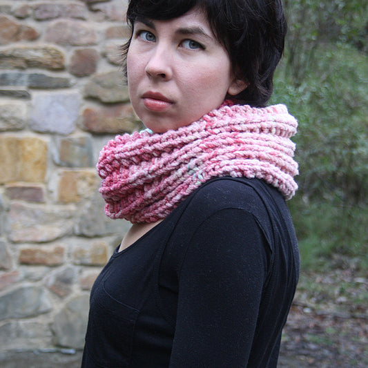 Rebecca Robinson wearing a chunky knitted cowl