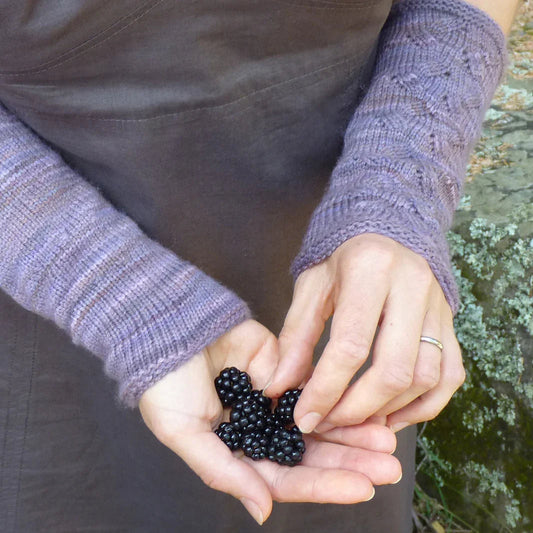 Hands wearing soft lavender hand-knitted wrist warmers holding fresh blackberries over a brown apron