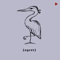 Minimalist black line drawing of an egret on light purple background with small red heart, hand-drawn style