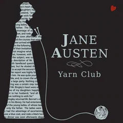 Jane Austen Yarn Club logo featuring a silhouette of a woman knitting from text, with a ball of yarn