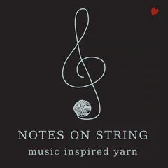 Black background with white treble clef and ball of yarn, text 'Notes on String music inspired yarn'
