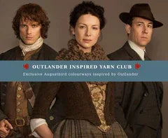 Outlander inspired yarn club banner featuring three historical characters in period costumes promoting exclusive Augustbird yarn colourways