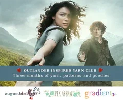 Outlander inspired yarn club promotion with woman reaching out in scenic outdoor setting.