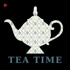Decorative teapot silhouette with floral patterns above the text 'TEA TIME' on black background