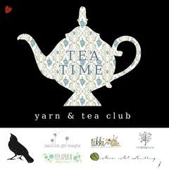 Patterned teapot graphic with 'TEA TIME' text on black background, 'yarn & tea club' below, logos underneath