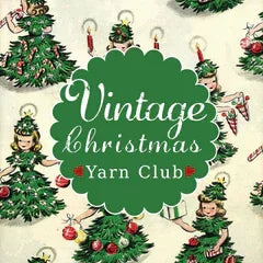 Vintage Christmas yarn club logo on fabric with retro-style Christmas trees and candle illustrations