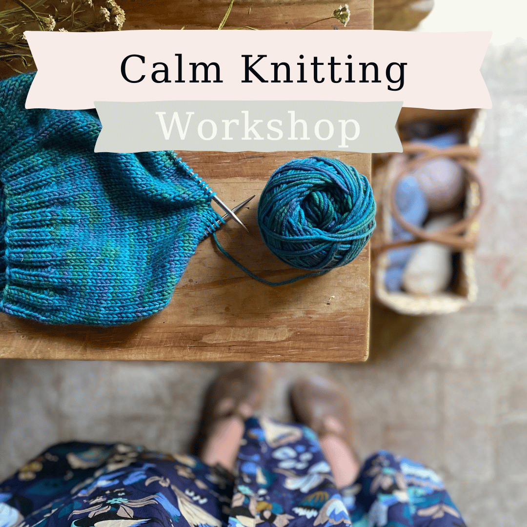 Text: Calm Knitting Workshop with a hand dyed beanie knitting project on a desk
