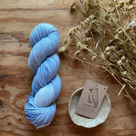A skein of  Augustbird hand dyed yarn and a tag with a kookaburra illustration on it, on a wooden table.